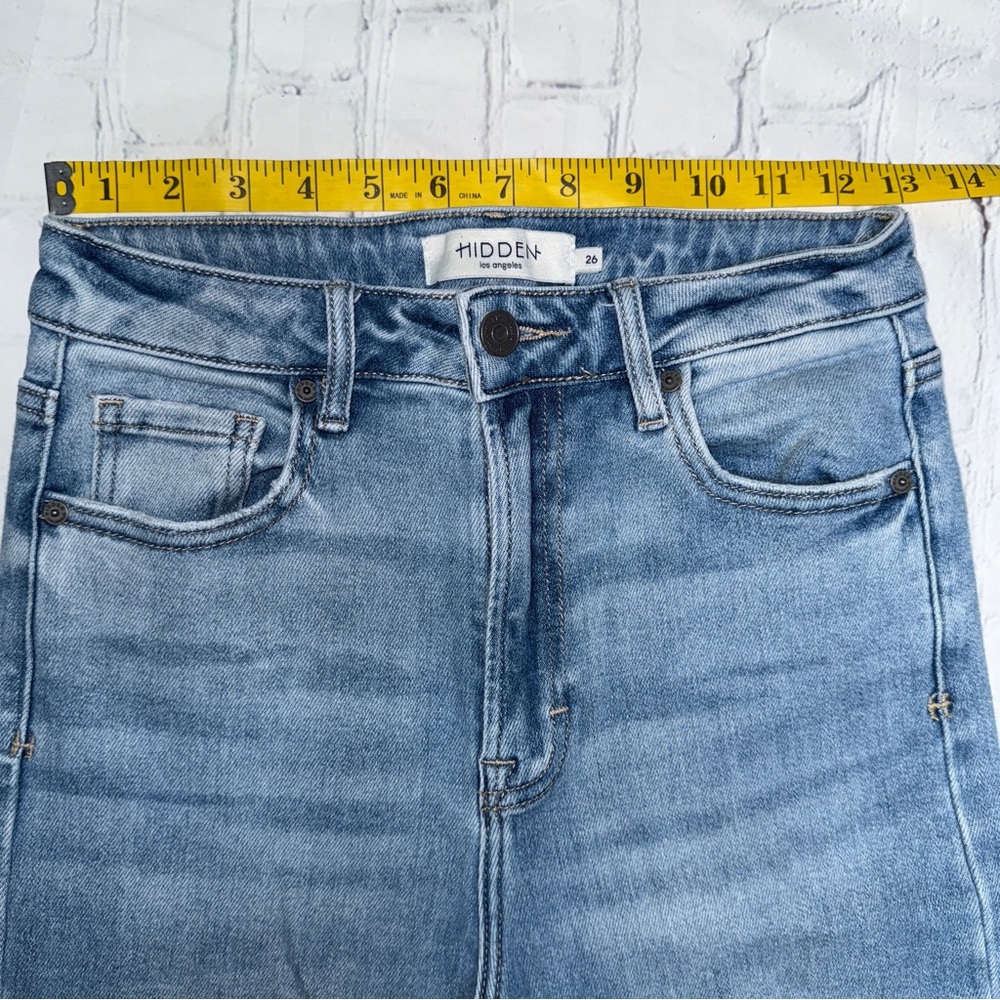 Hidden Blue Distressed Flare Jeans with Leather Patch and slit - Picture 8 of 10